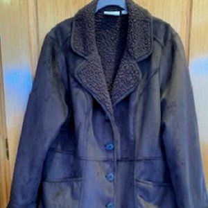 Denim & Co. Faux Suede Brown Winter Coat Button Front Sz: L